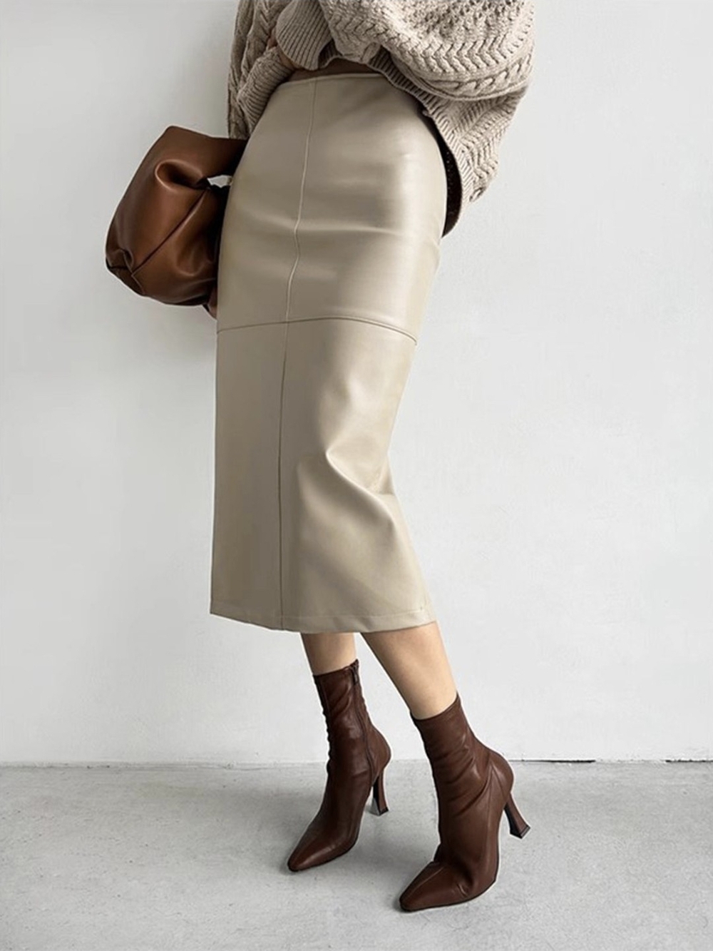 Commense Taupe Faux Leather Midi Skirt